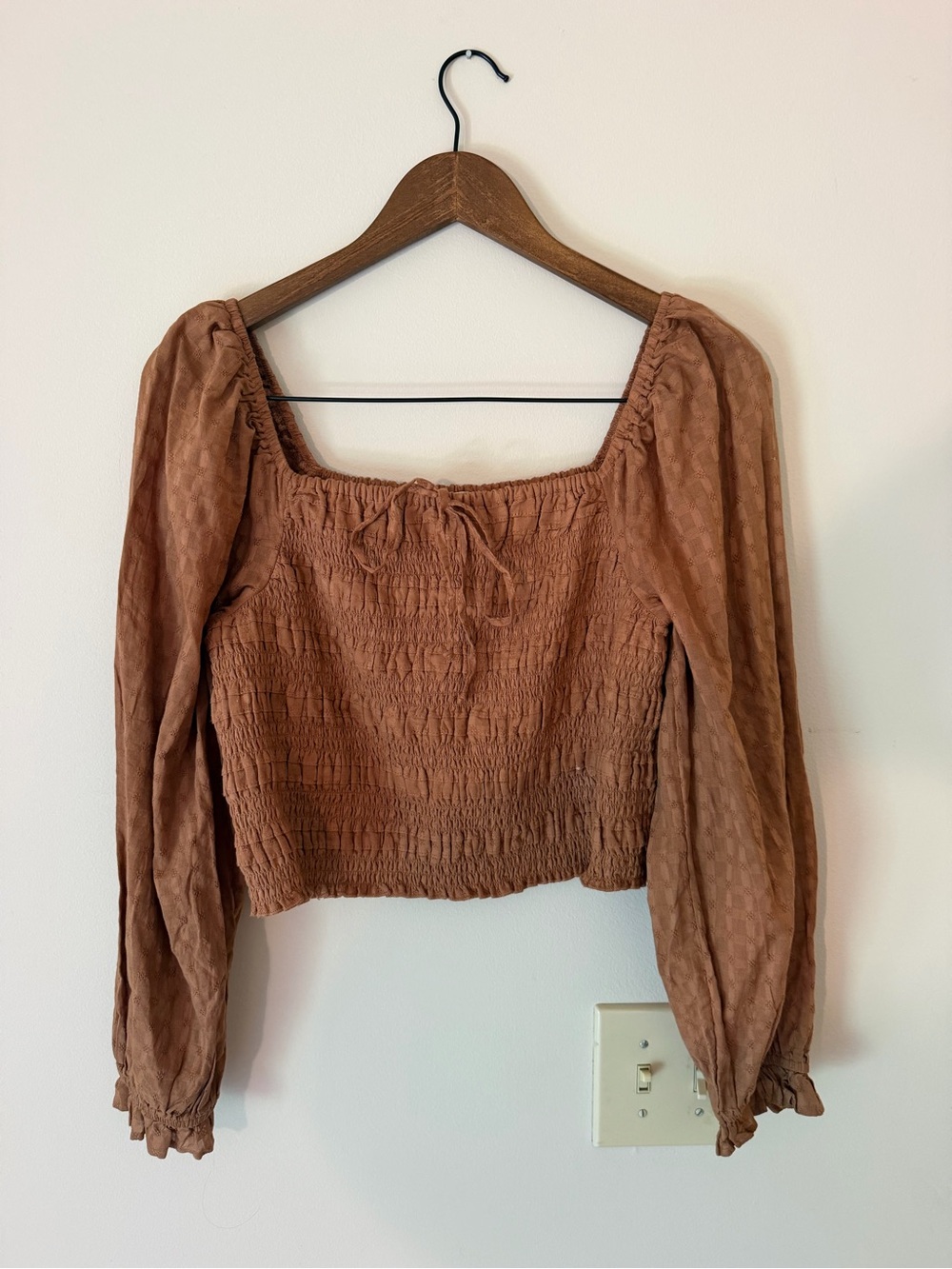 American Eagle Outfitters Cropped Rust Brown Smocked Square-Neck Blouse, Size L
